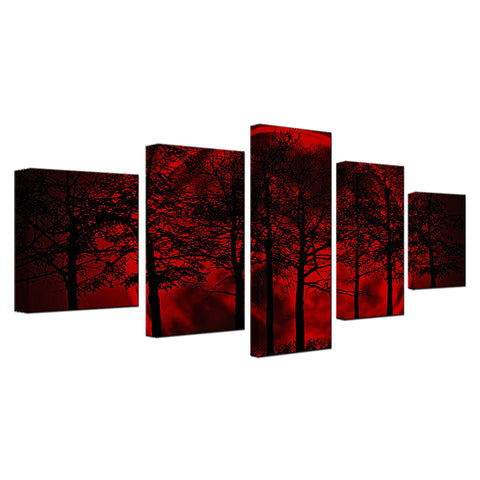 Canvas Painting Home Decor HD Prints Tree Poster 5 Piece Red Moon Sky Psychedelic Forest Pictures Living Room Wall Art Framework