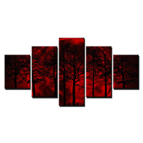 Canvas Painting Home Decor HD Prints Tree Poster 5 Piece Red Moon Sky Psychedelic Forest Pictures Living Room Wall Art Framework